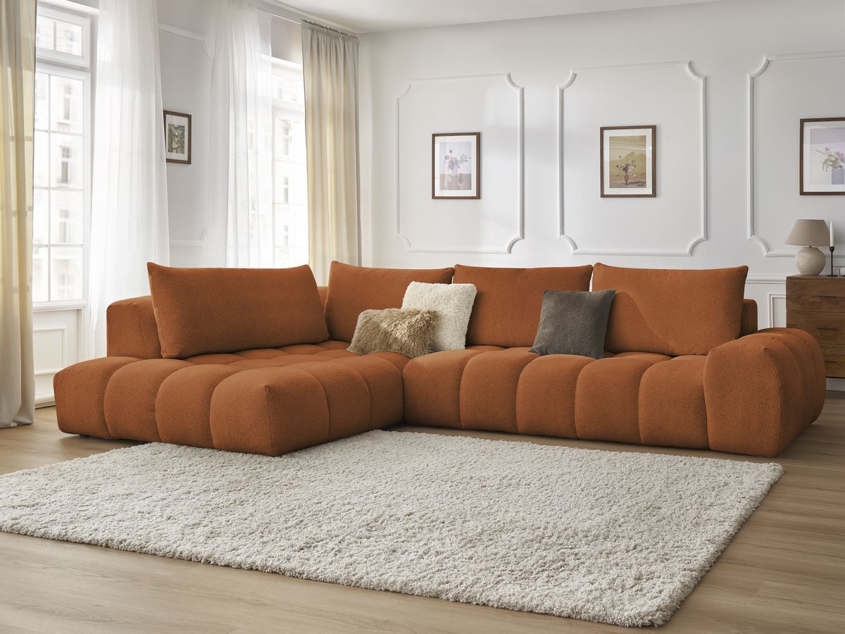 Bobochic Everest Ecksofa, 4 Kissen Melange-Stoff Orange Ecke links
