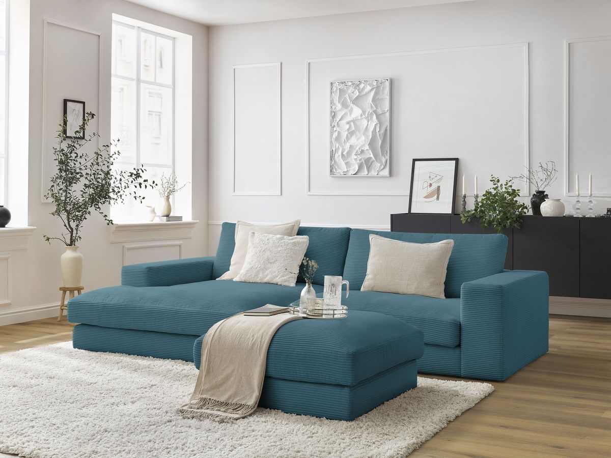 Bobochic Leonard Ecksofa mit Pouf 234 × 159 cm Cordsamt Hellblau Ecke links