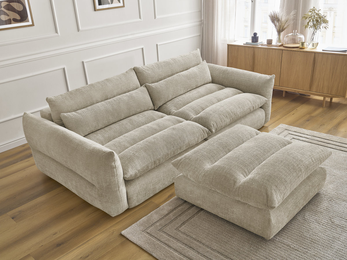 Bobochic Neil Sofa 3-Sitzer mit Pouf Strukturstoff Beige