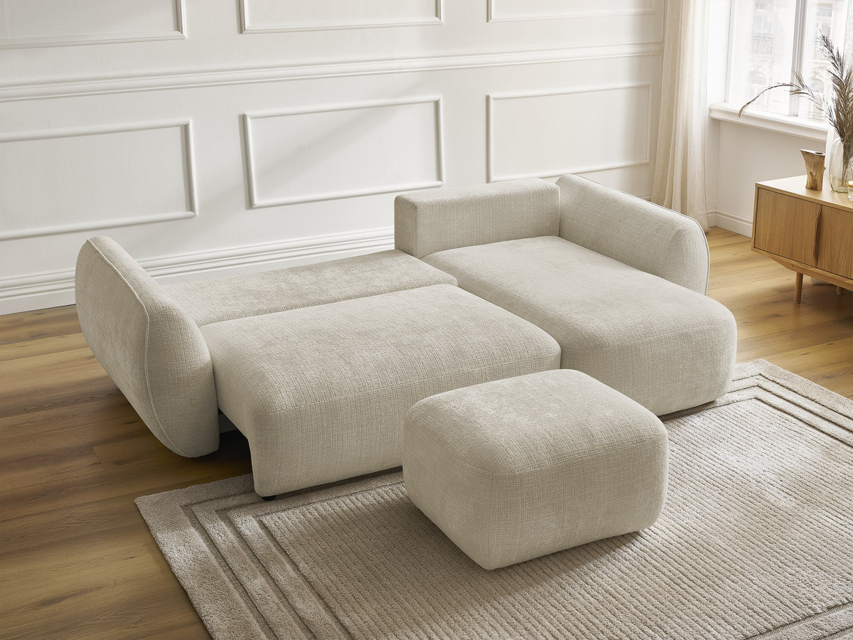 Bobochic Denise Ecksofa mit Schlaffunktion und Bettkasten und Pouf 258 × 160 cm Strukturstoff Beige Ecke rechts