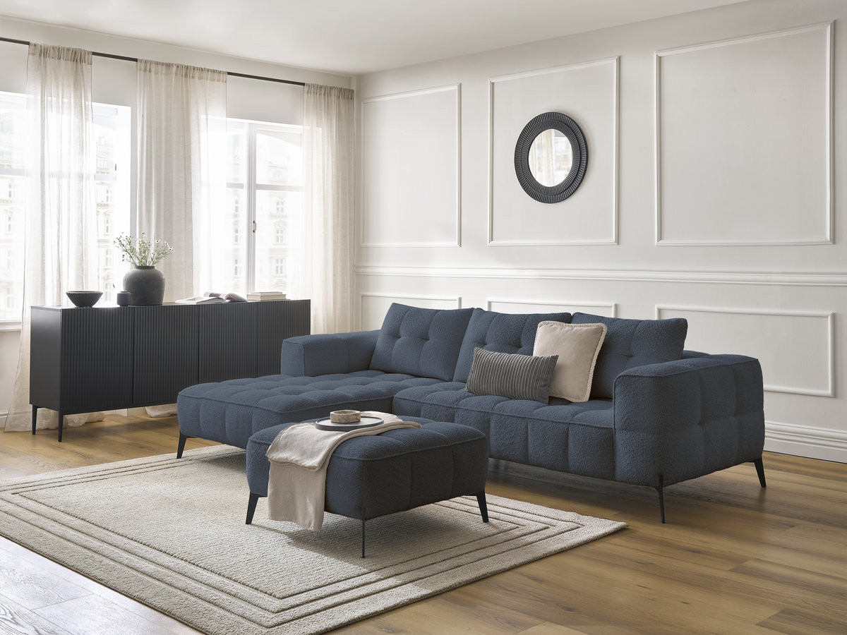 Bobochic Anis Ecksofa mit Pouf Bouclé-Stoff Dunkelblau Ecke links