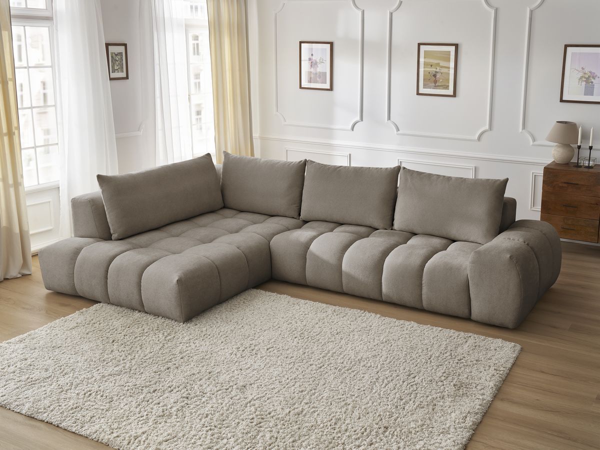 Bobochic Everest Ecksofa, 4 Kissen Strukturstoff Taupe Ecke links