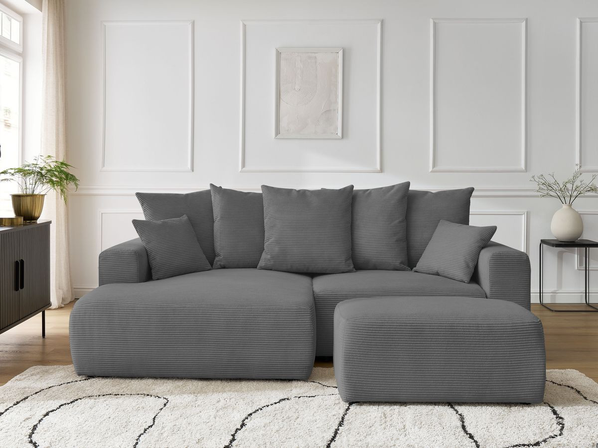 Bobochic Atilla Ecksofa mit Schlaffunktion und Bettkasten und Pouf Cordsamt Dunkelgrau Ecke links
