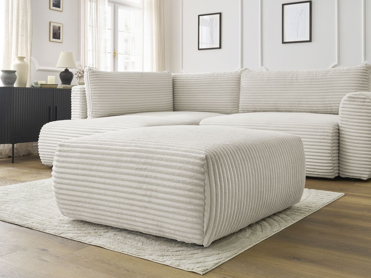 Bobochic Lucien Ecksofa mit Schlaffunktion und Bettkasten und Pouf 296 × 198 cm Breitcord weich Beige Ecke links