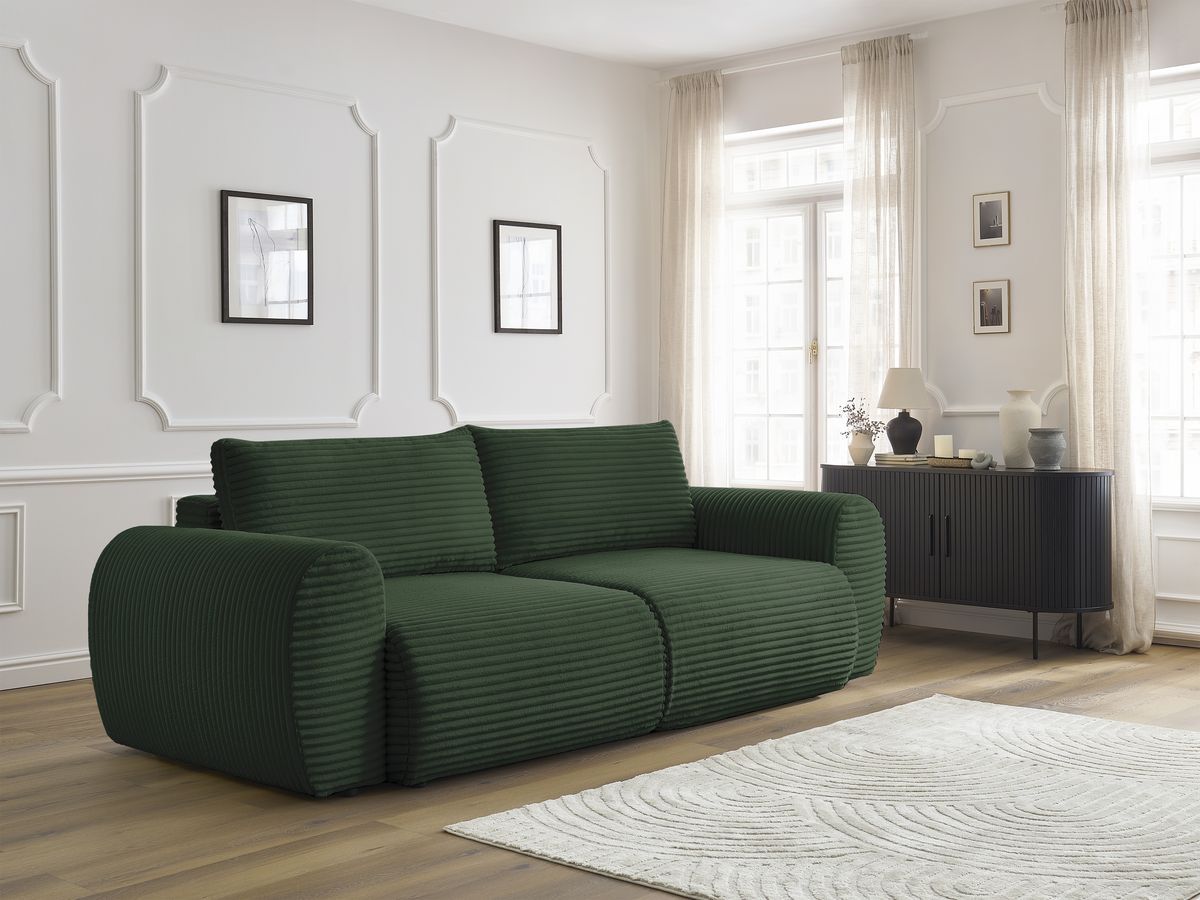 Bobochic Lucien Schlafsofa 3-Sitzer mit Bettkasten Breitcord weich Grün