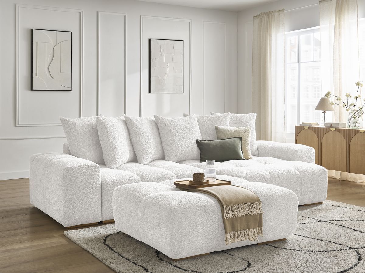 Bobochic Anakin Ecksofa mit Schlaffunktion und Bettkasten und Pouf, 6 Kissen Bouclé-Stoff Weiß