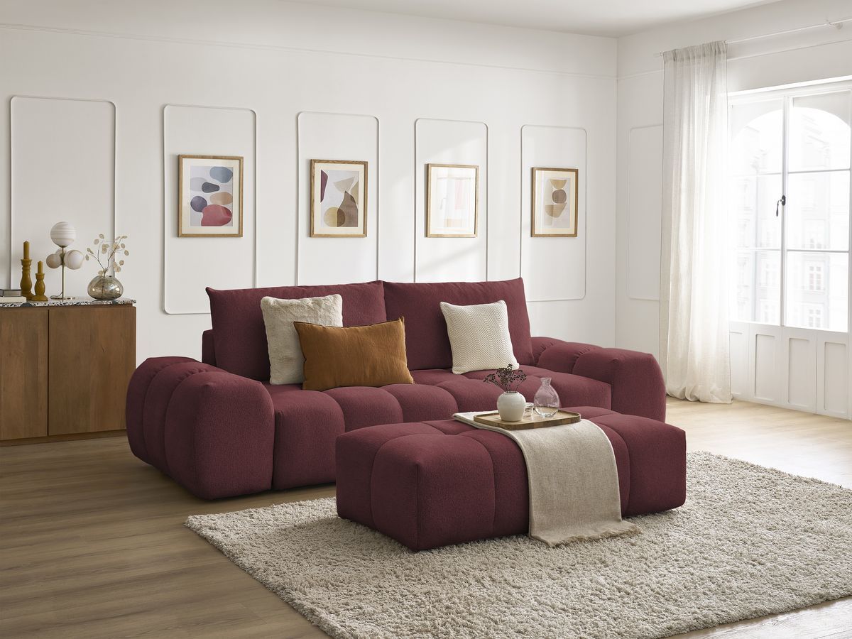 Bobochic Everest Schlafsofa 3-Sitzer mit Bettkasten und Pouf, 2 Kissen Melange-Stoff Rot