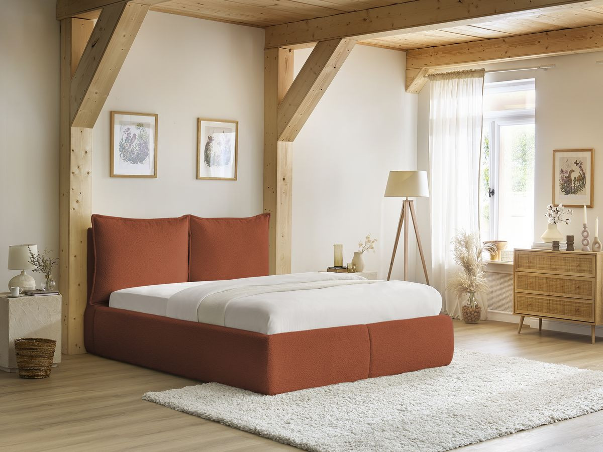Bobochic Garance Polsterbett mit Bettkasten Bouclé-Stoff Orange, Liegefläche 180 × 200 cm