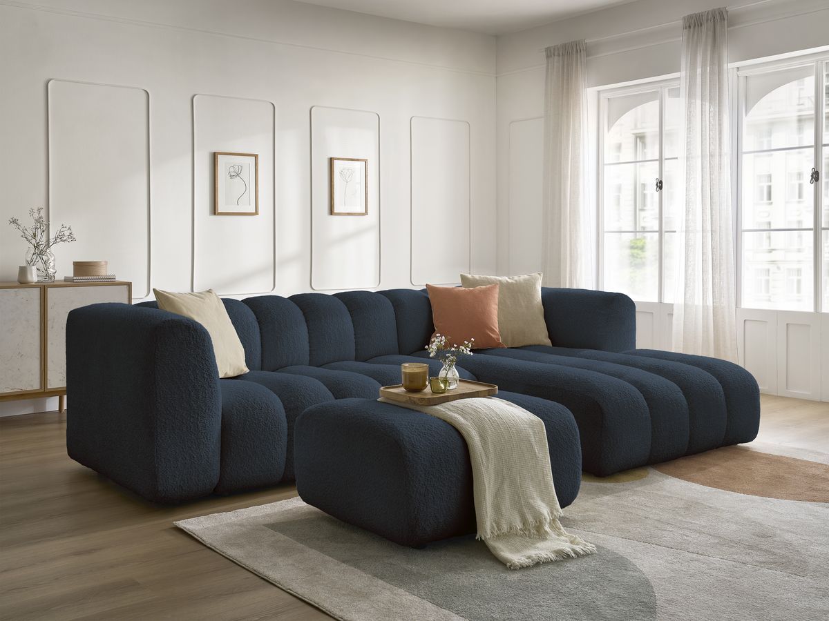 Bobochic Talia Ecksofa mit Pouf Bouclé-Stoff Dunkelblau Ecke rechts