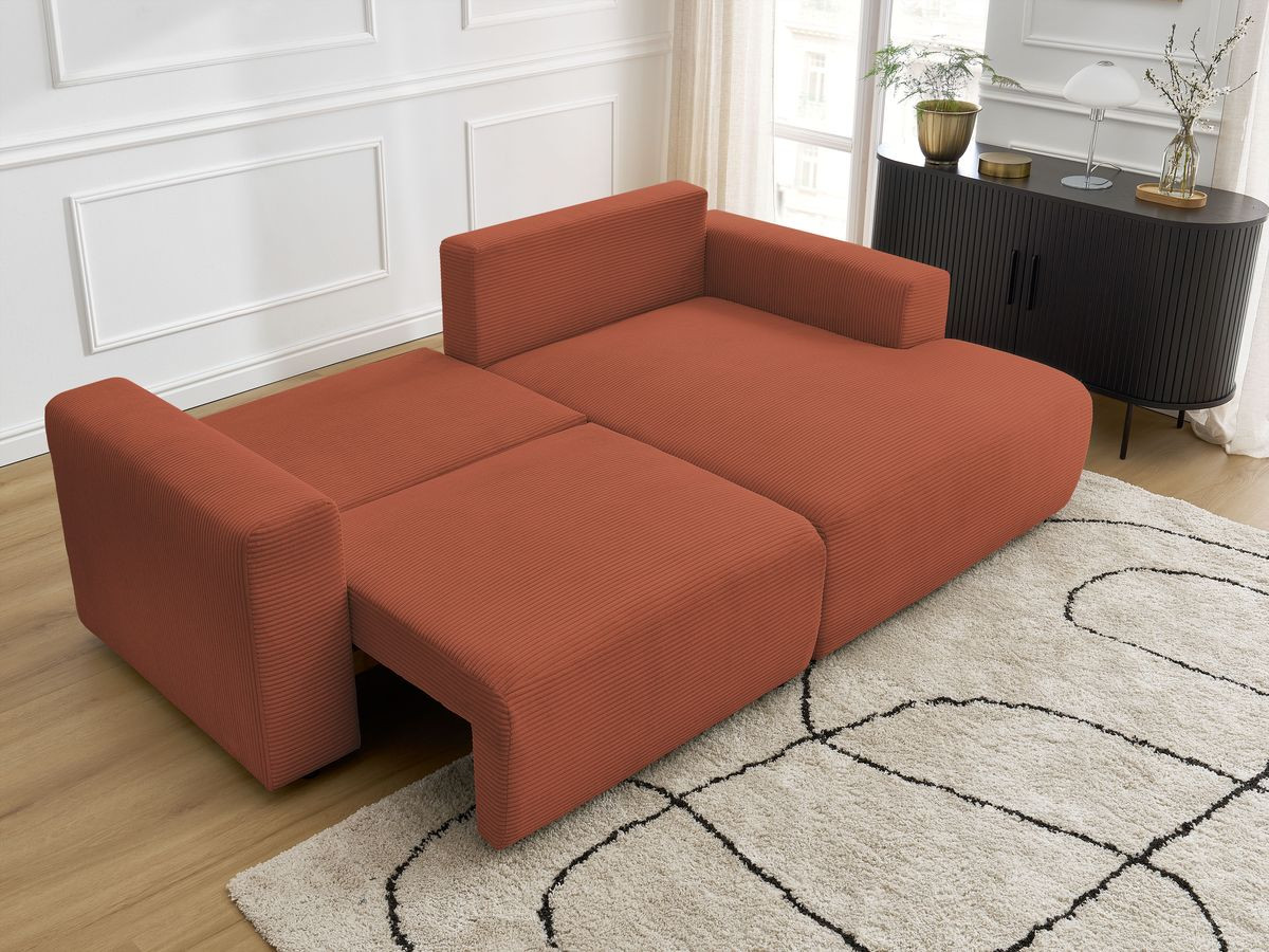 Bobochic Atilla Ecksofa mit Schlaffunktion und Bettkasten Cordsamt Orange Ecke rechts