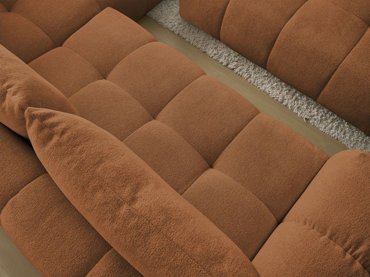 Bobochic Everest Ecksofa mit Schlaffunktion und Bettkasten und Pouf 320 × 212 cm, 5 Kissen Melange-Stoff Orange Ecke rechts