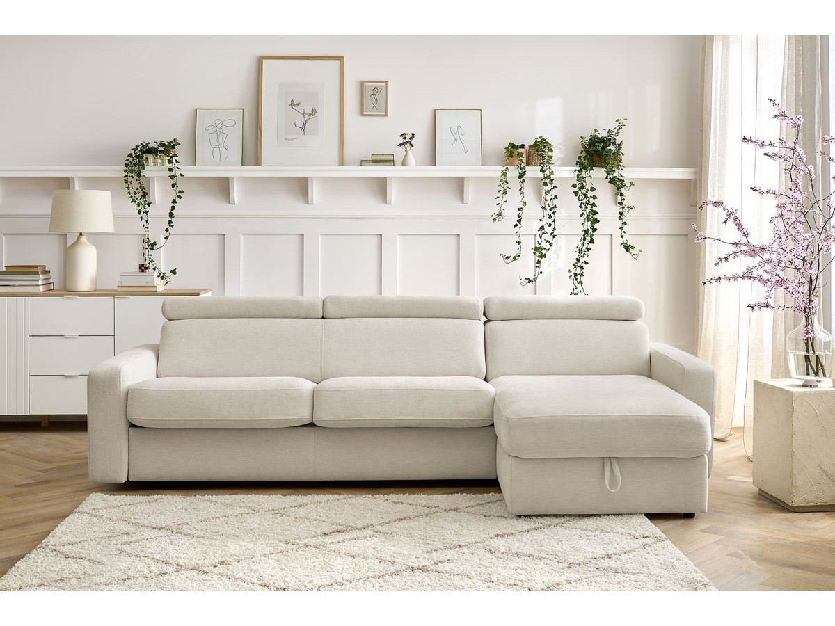 Bobochic Monaco Ecksofa mit Schlaffunktion und Bettkasten Stoff Beige, Liegefläche 140 × 190 cm