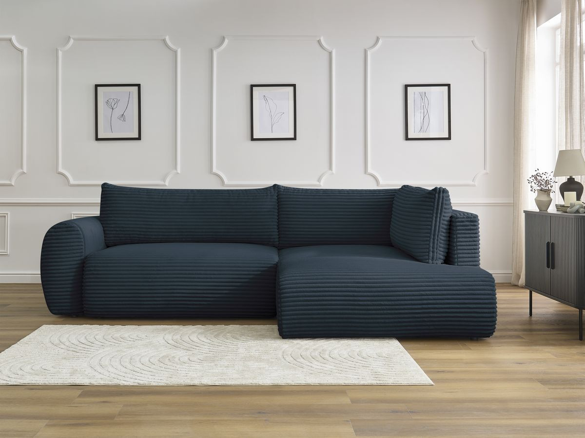 Bobochic Lucien Ecksofa mit Schlaffunktion und Bettkasten 296 × 198 cm Breitcord weich Dunkelblau Ecke rechts