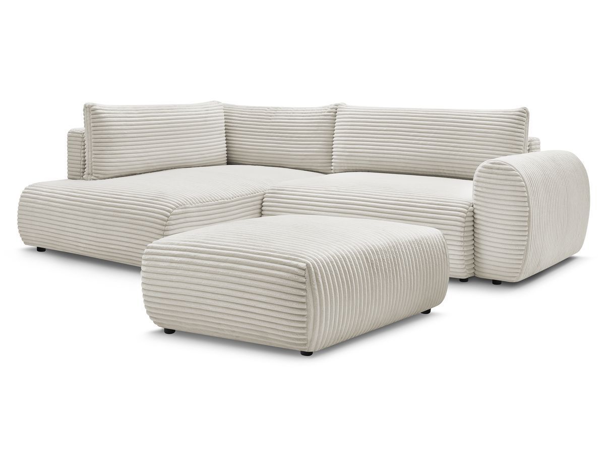 Bobochic Lucien Ecksofa mit Schlaffunktion und Bettkasten und Pouf 296 × 198 cm Breitcord weich Beige Ecke links