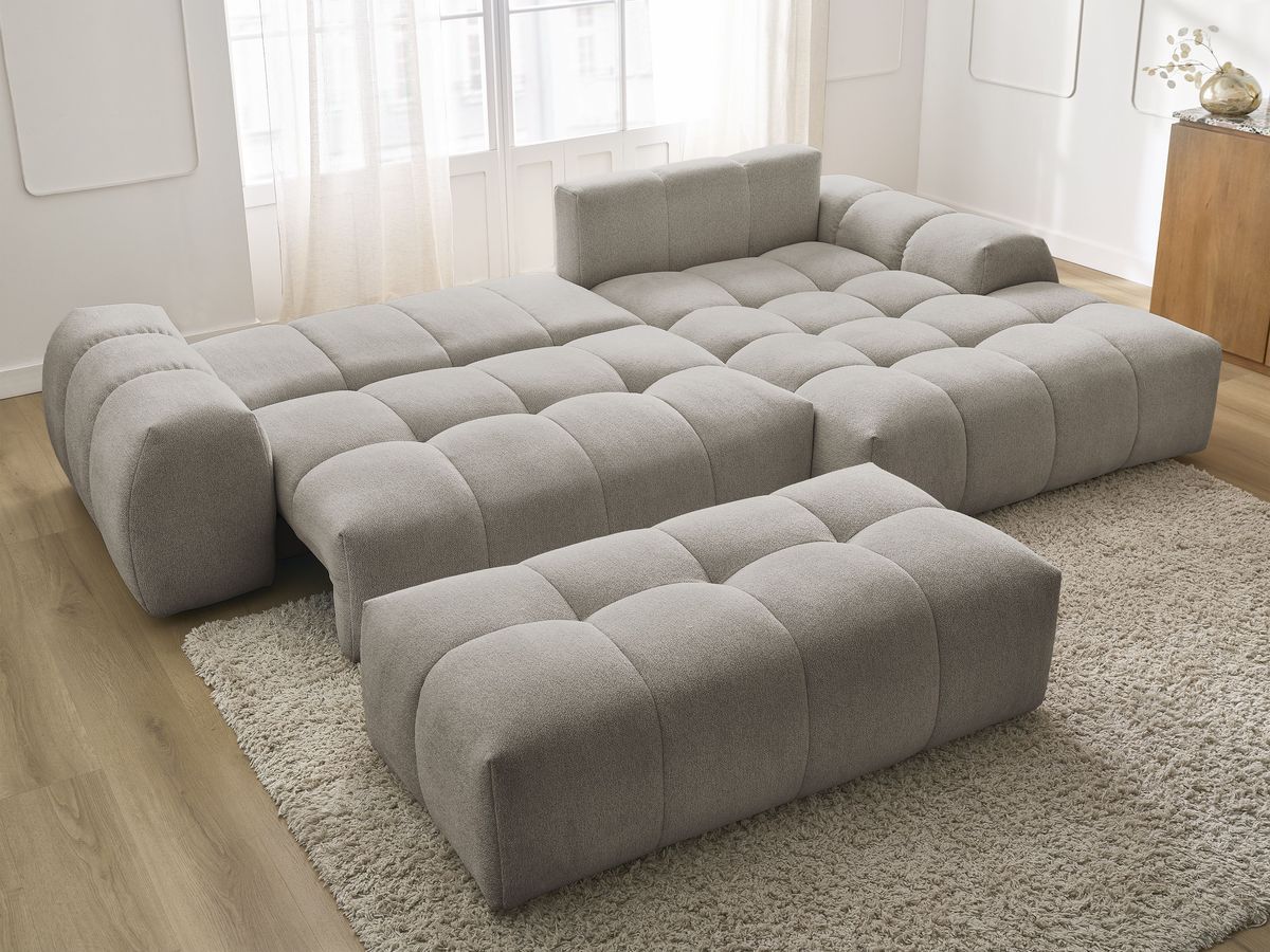 Bobochic Everest Ecksofa mit Schlaffunktion und Bettkasten und Pouf 318 × 180 cm, 3 Kissen Melange-Stoff Taupe Ecke rechts