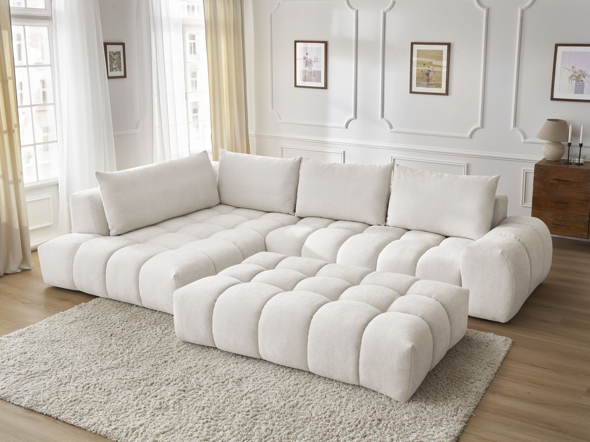 Bobochic Everest Ecksofa mit Schlaffunktion und Pouf, 4 Kissen Strukturstoff Weiß Ecke links