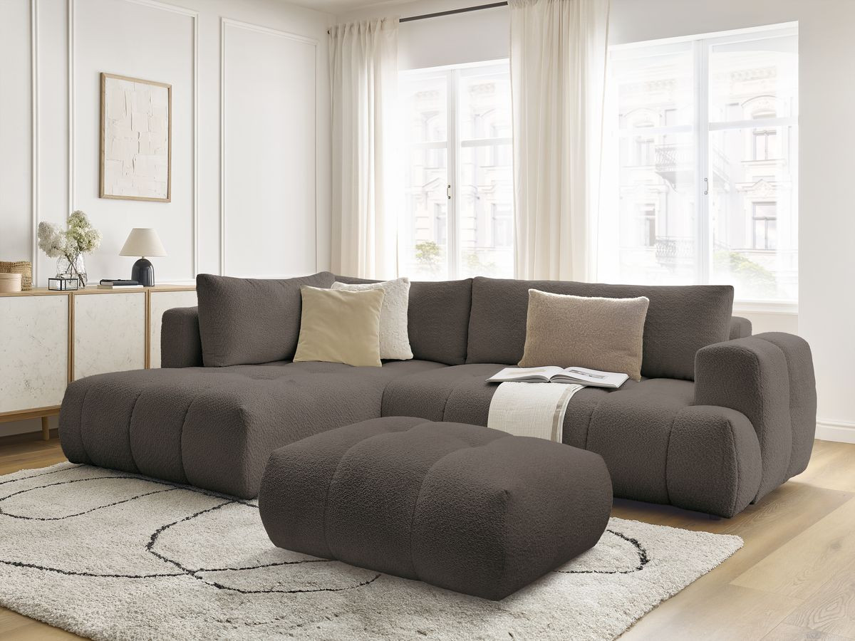 Bobochic Fuji Ecksofa mit Schlaffunktion und Bettkasten und Pouf 282 × 204 cm Bouclé-Stoff Braun Ecke links