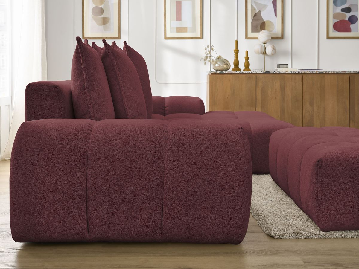 Bobochic Everest Ecksofa mit Schlaffunktion und Bettkasten und Pouf 318 × 180 cm, 7 Kissen Melange-Stoff Rot Ecke rechts