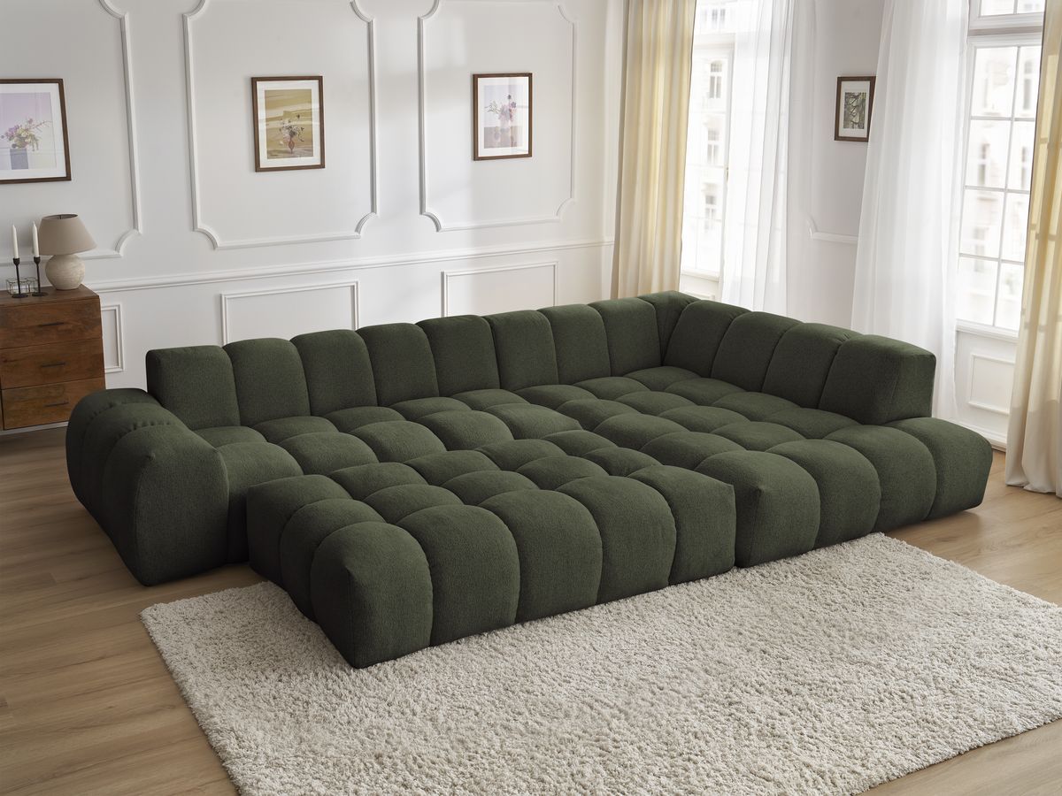 Bobochic Everest Ecksofa mit Schlaffunktion und Pouf, 10 Kissen Melange-Stoff Grün Ecke rechts
