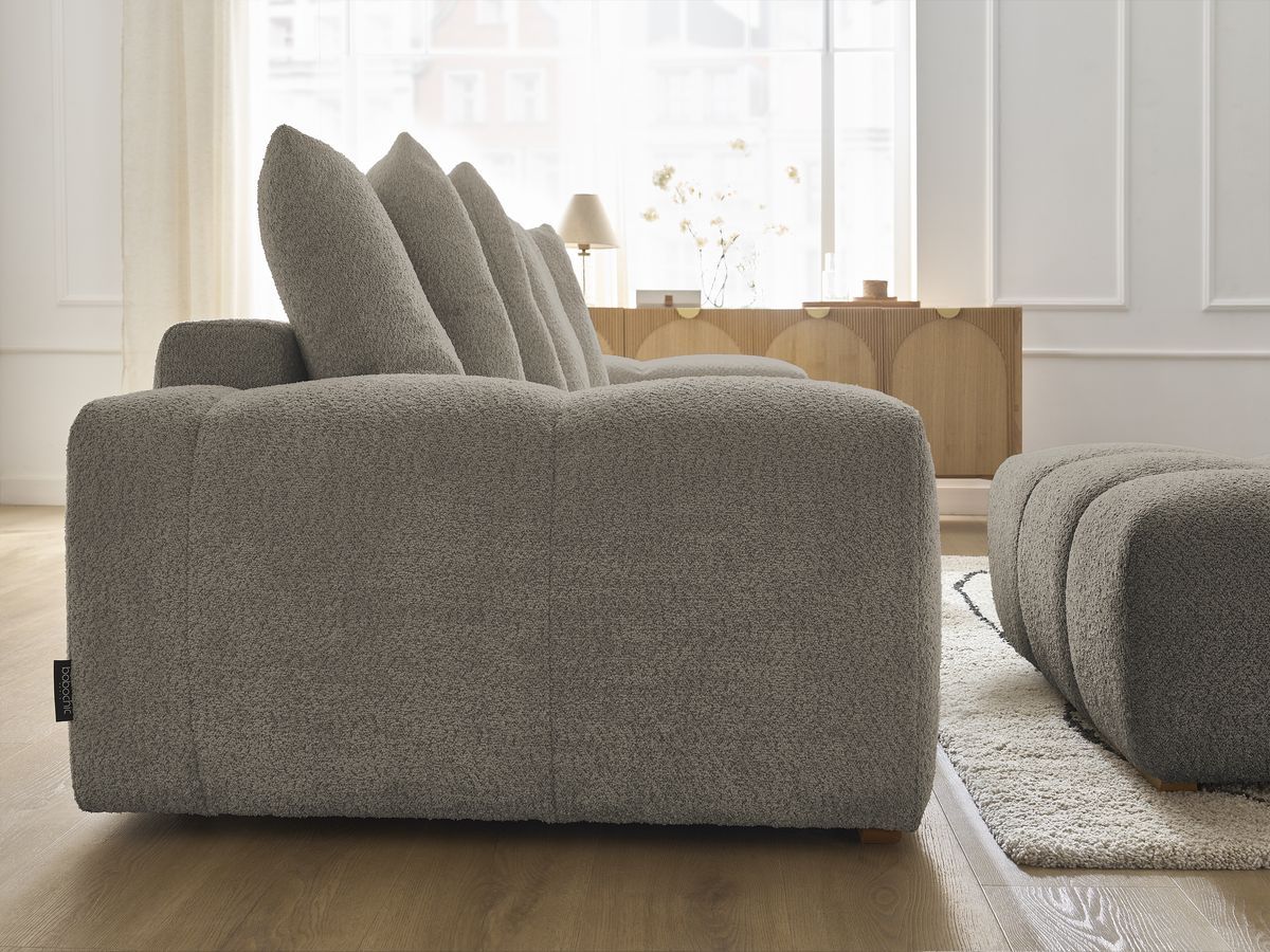 Bobochic Anakin Sofa 3-Sitzer mit Pouf, 6 Kissen Bouclé-Stoff Taupe