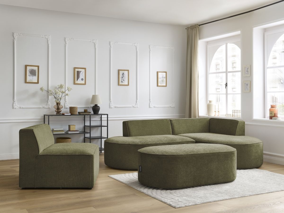 Bobochic Rousseau Ecksofa mit Sofamodul und Pouf Strukturstoff Grün Ecke rechts