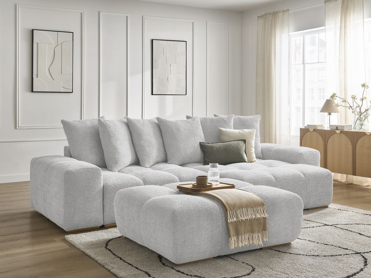 Bobochic Anakin Ecksofa mit Pouf, 6 Kissen Bouclé-Stoff Hellgrau