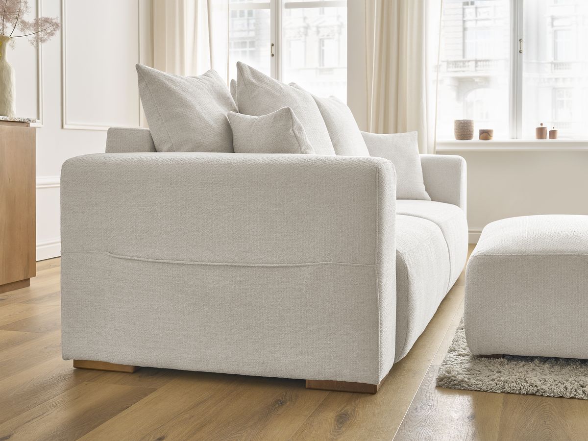 Bobochic Sidonie Schlafsofa 4-Sitzer mit Bettkasten und Pouf Melange-Stoff Beige