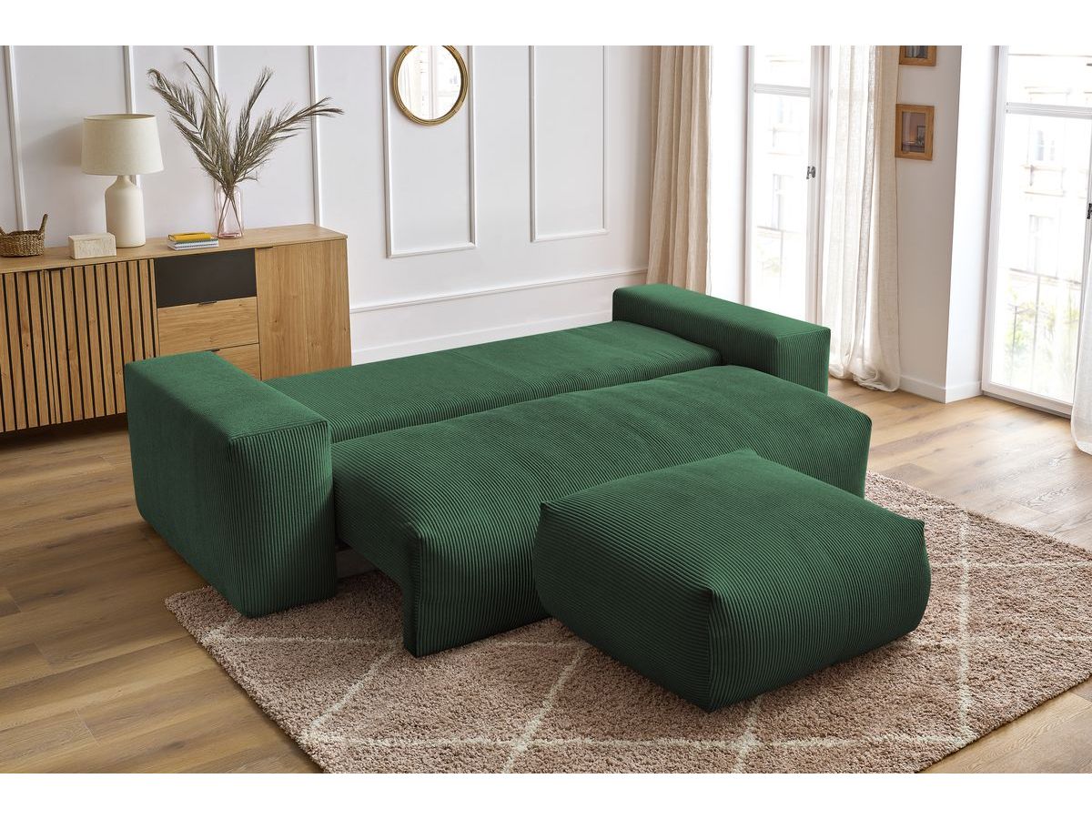 Bobochic Voltaire Schlafsofa 4-Sitzer mit Bettkasten und Pouf Cordsamt Grün