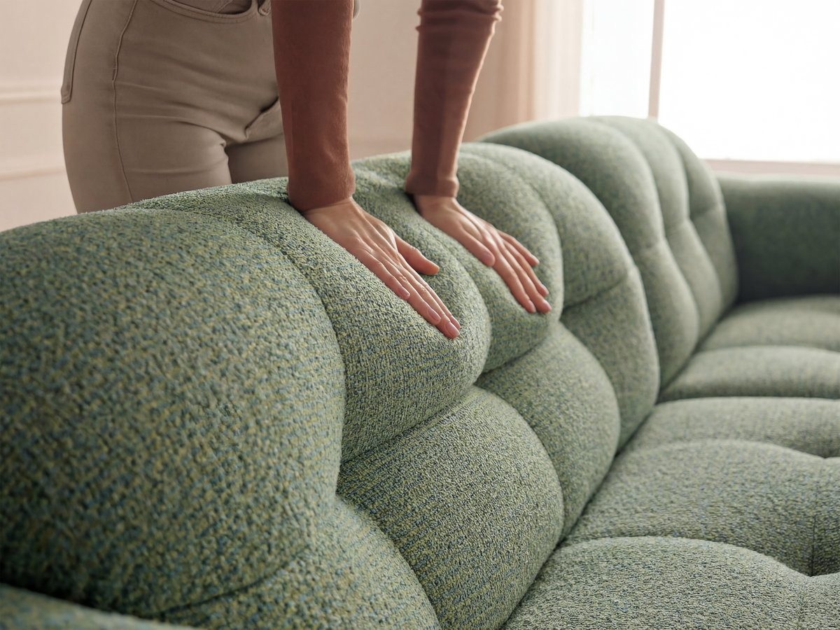 Bobochic Laura Ecksofa mit großem Pouf Melange-Stoff Hellgrün Ecke rechts