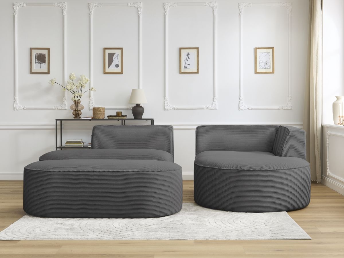 Bobochic Rousseau Ecksofa mit Pouf Cordsamt Dunkelgrau Ecke rechts
