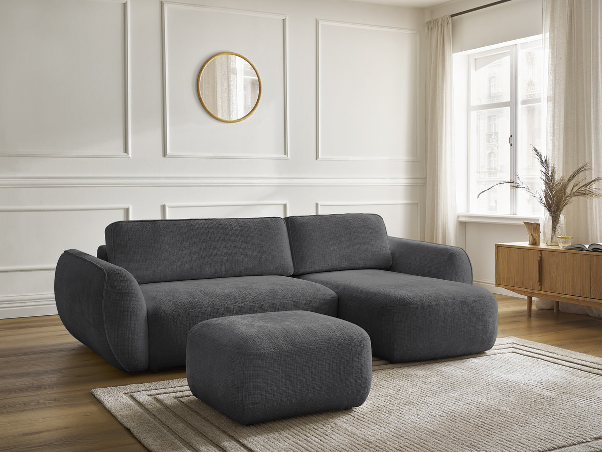 Bobochic Denise Ecksofa mit Schlaffunktion und Bettkasten und Pouf 258 × 160 cm Strukturstoff Schwarz Ecke rechts