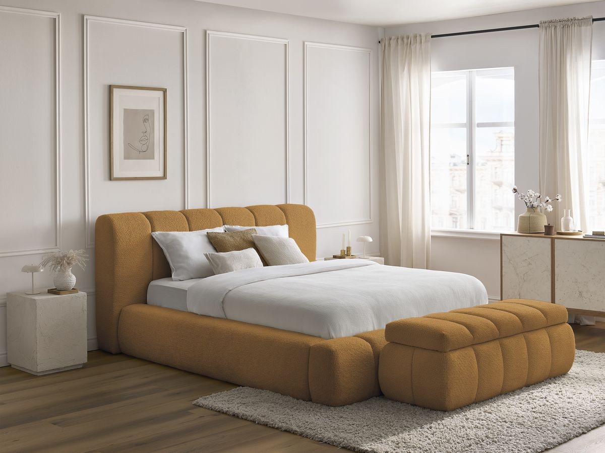 Bobochic Denali Polsterbett mit Bettkasten mit Bettbank Bouclé-Stoff Gelb, Liegefläche 160 × 200 cm