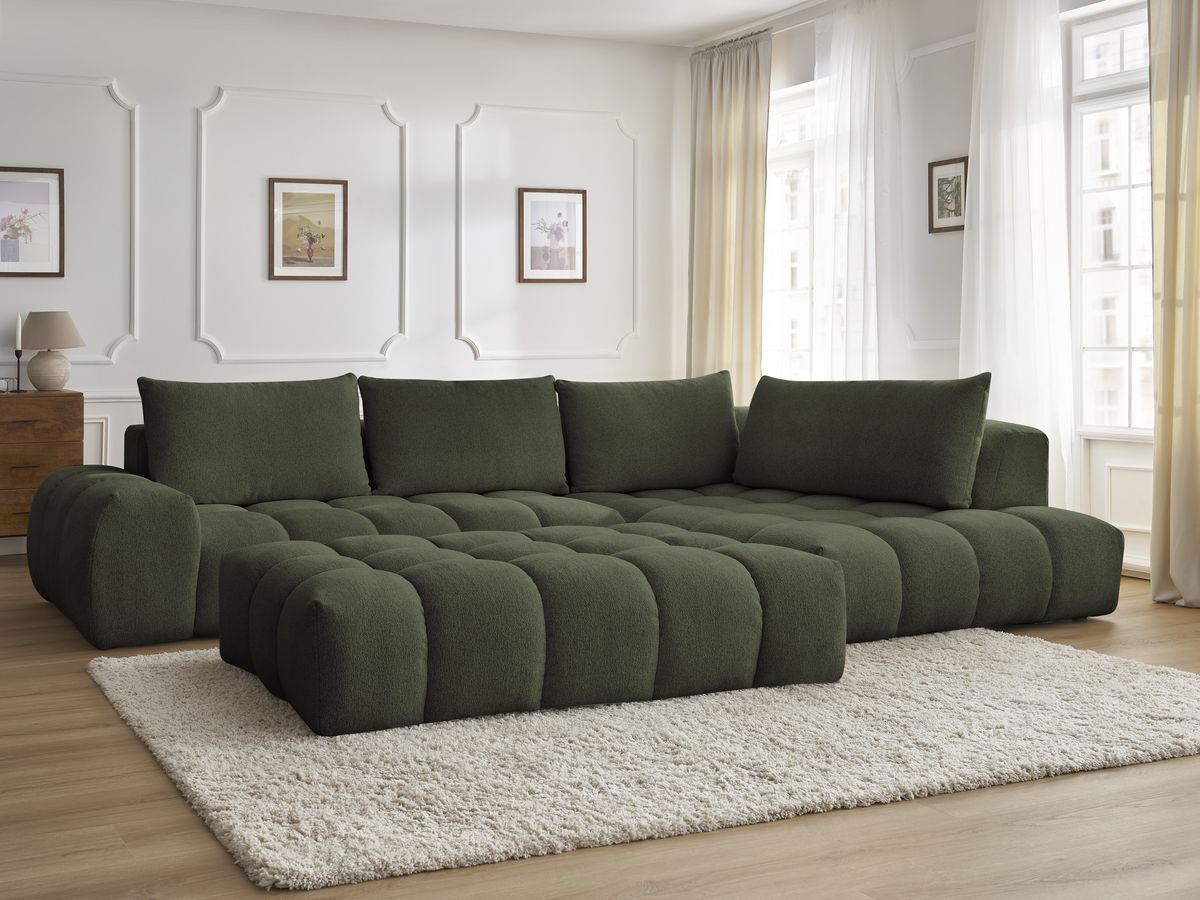Bobochic Everest Ecksofa mit Schlaffunktion und Pouf, 4 Kissen Melange-Stoff Grün Ecke rechts