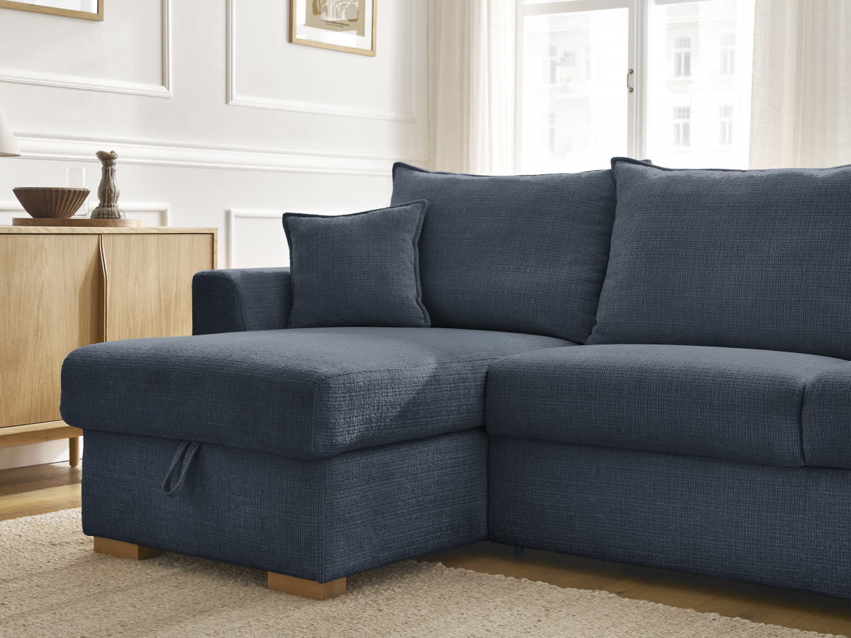 Bobochic Augustin Ecksofa mit Schlaffunktion und Bettkasten Strukturstoff Dunkelblau, Liegefläche 160 × 200 cm