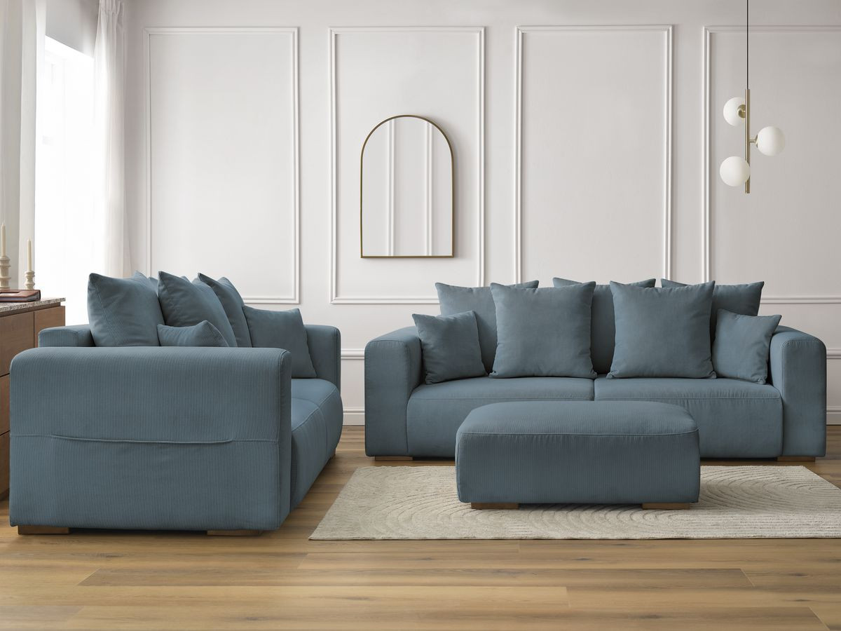Bobochic Sidonie Sofa 6-Sitzer mit Pouf Cordsamt Dunkelblau