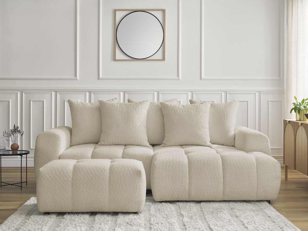 Bobochic Roxelane Ecksofa mit Schlaffunktion und Bettkasten und Pouf 258 × 150 cm Bouclé-Stoff Beige Ecke rechts