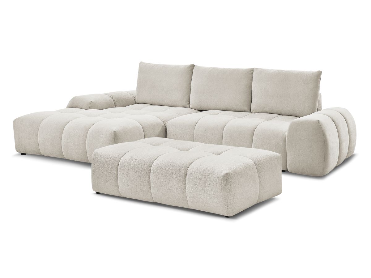 Bobochic Everest Ecksofa mit Schlaffunktion und Bettkasten und Pouf 318 × 180 cm, 3 Kissen Strukturstoff Beige Ecke links