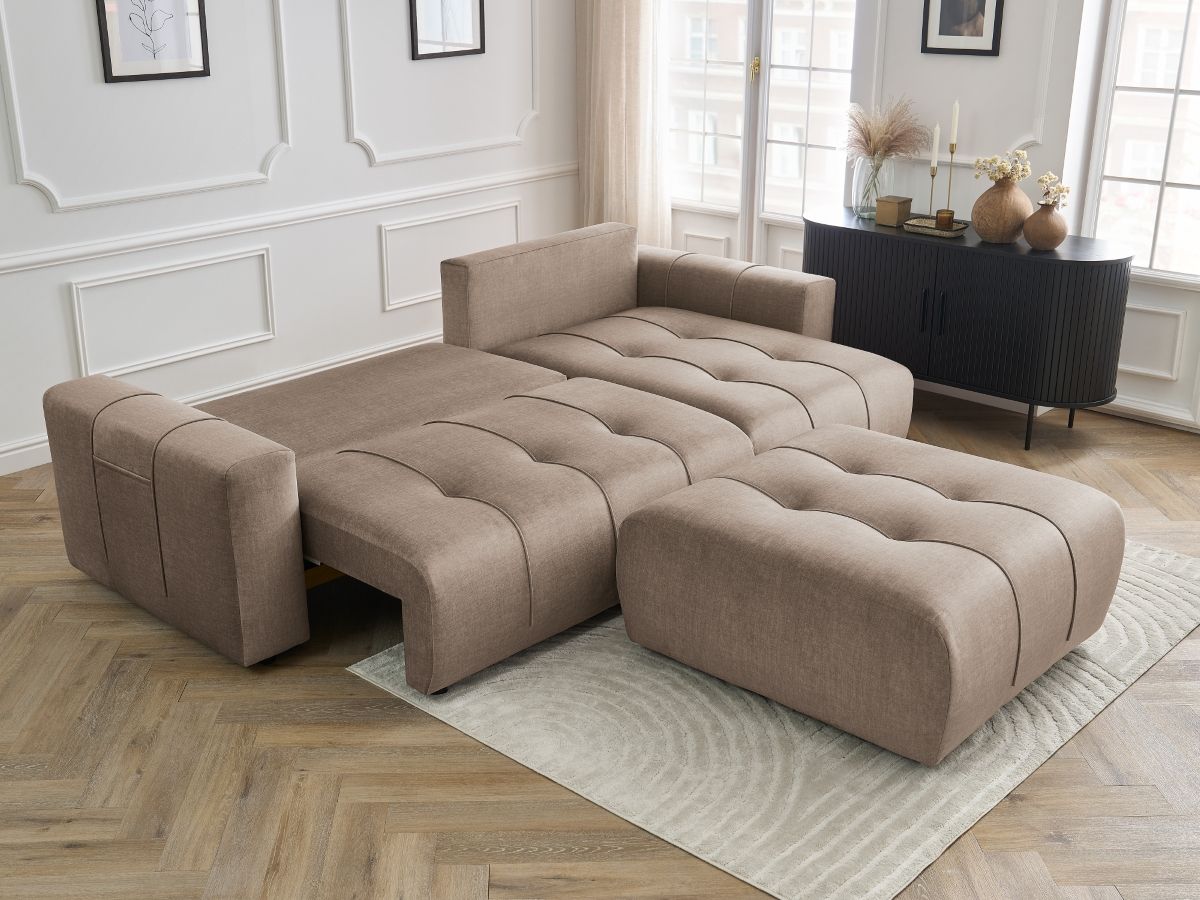Bobochic Arsene Ecksofa mit Schlaffunktion und Bettkasten und Pouf 288 × 148 cm Samt Taupe