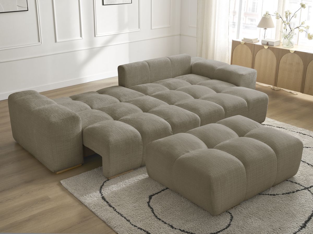 Bobochic Anakin Ecksofa mit Schlaffunktion und Bettkasten und Pouf, 6 Kissen Strukturstoff Taupe