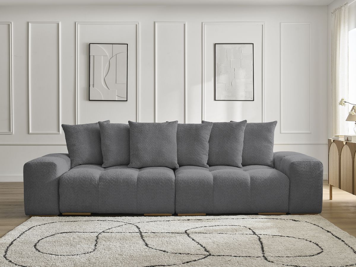 Bobochic Anakin Schlafsofa 3-Sitzer mit Bettkasten, 6 Kissen Bouclé-Stoff Dunkelgrau