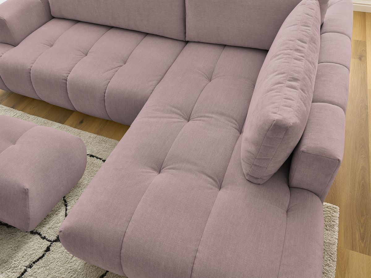 Bobochic Fuji Ecksofa mit Schlaffunktion und Bettkasten und Pouf 282 × 204 cm Stoff Rosa Ecke rechts