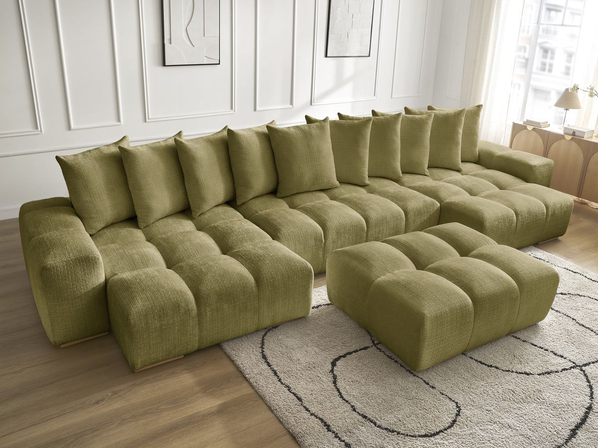 Bobochic Anakin Wohnlandschaft mit Pouf, 10 Kissen Strukturstoff Grün