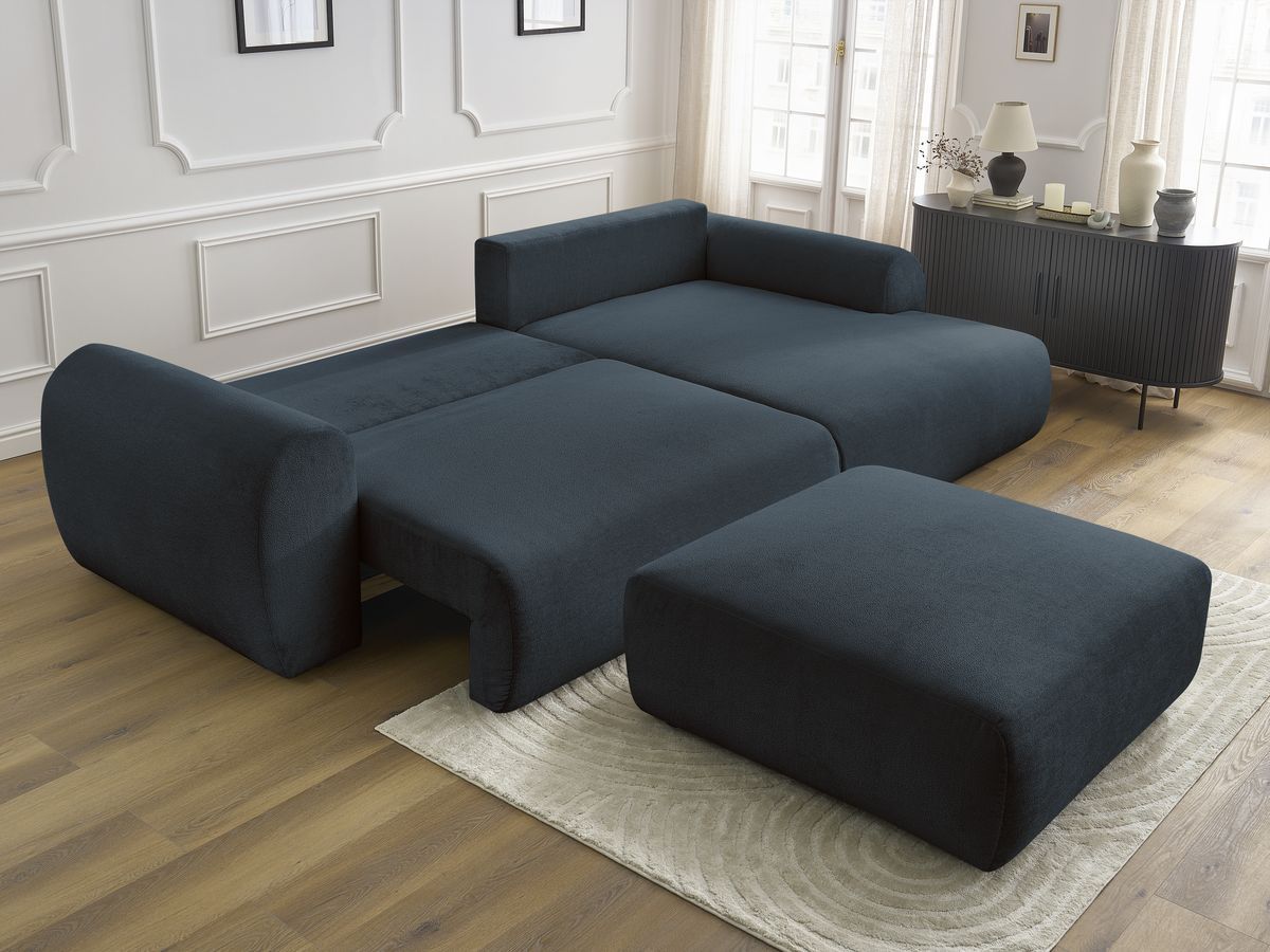 Bobochic Lucien Ecksofa mit Schlaffunktion und Bettkasten und Pouf 314 × 167 cm Stoff Dunkelblau Ecke rechts
