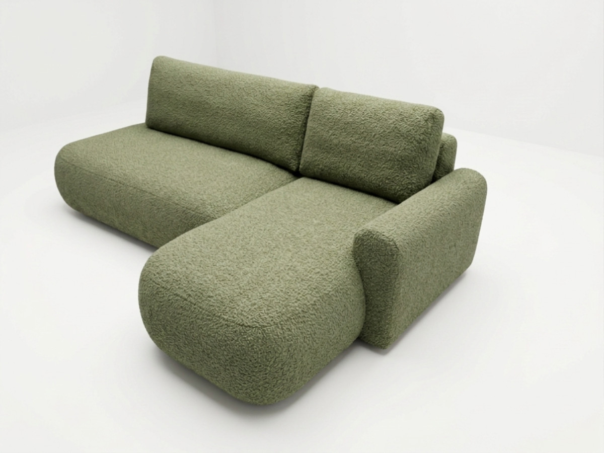 Bobochic Tango Ecksofa mit Schlaffunktion und Bettkasten Bouclé-Stoff Grün Ecke rechts