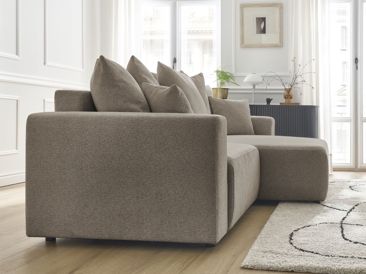 Bobochic Atilla Ecksofa mit Schlaffunktion und Bettkasten Melange-Stoff Taupe Ecke rechts