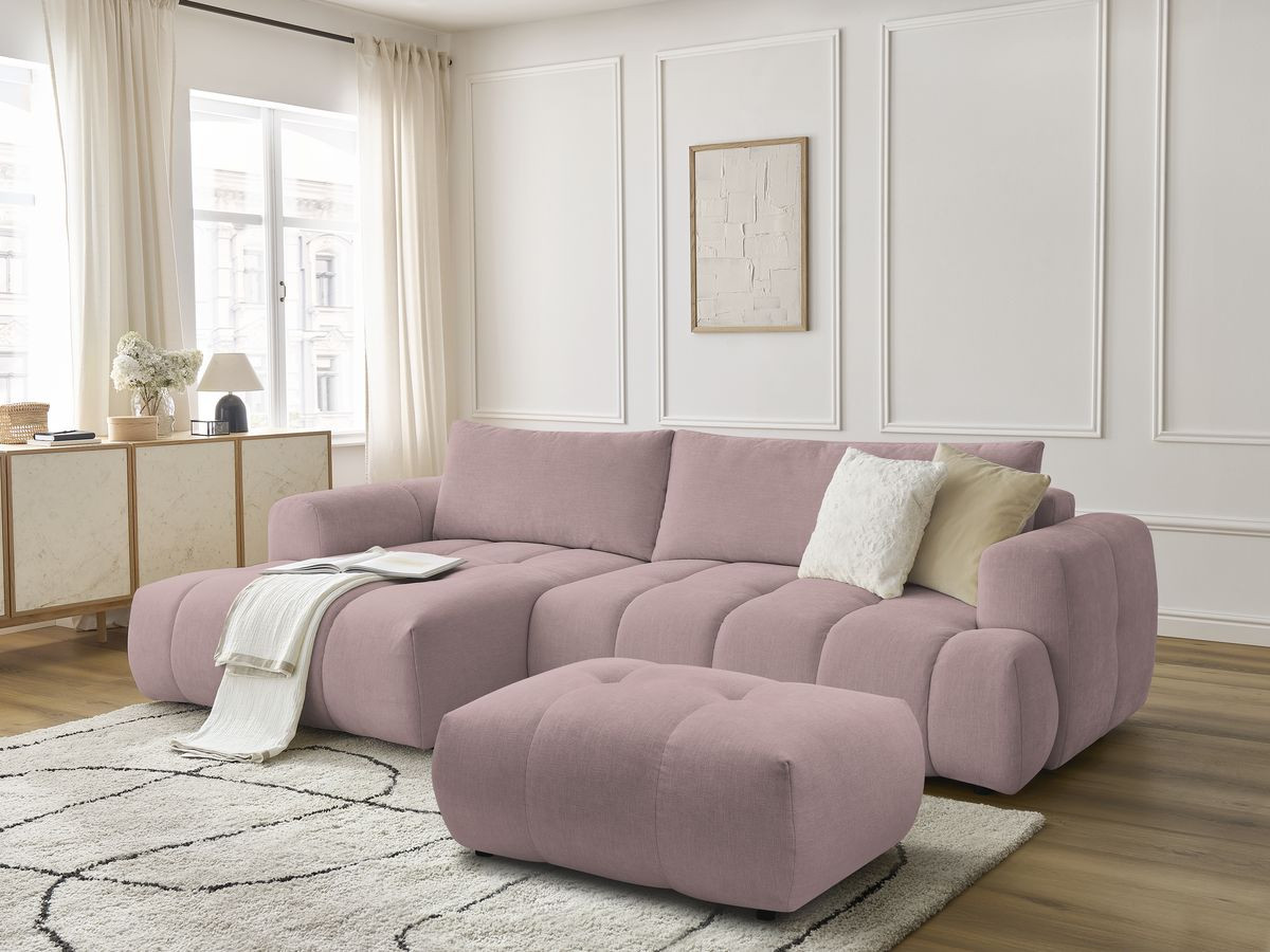 Bobochic Fuji Ecksofa mit Schlaffunktion und Bettkasten und Pouf 292 × 160 cm Stoff Rosa Ecke links