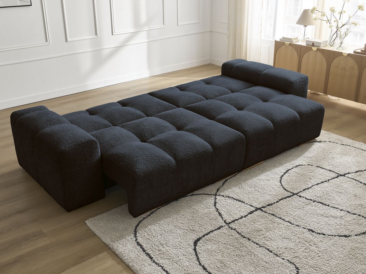 Bobochic Anakin Schlafsofa 3-Sitzer mit Bettkasten, 6 Kissen Bouclé-Stoff Dunkelblau
