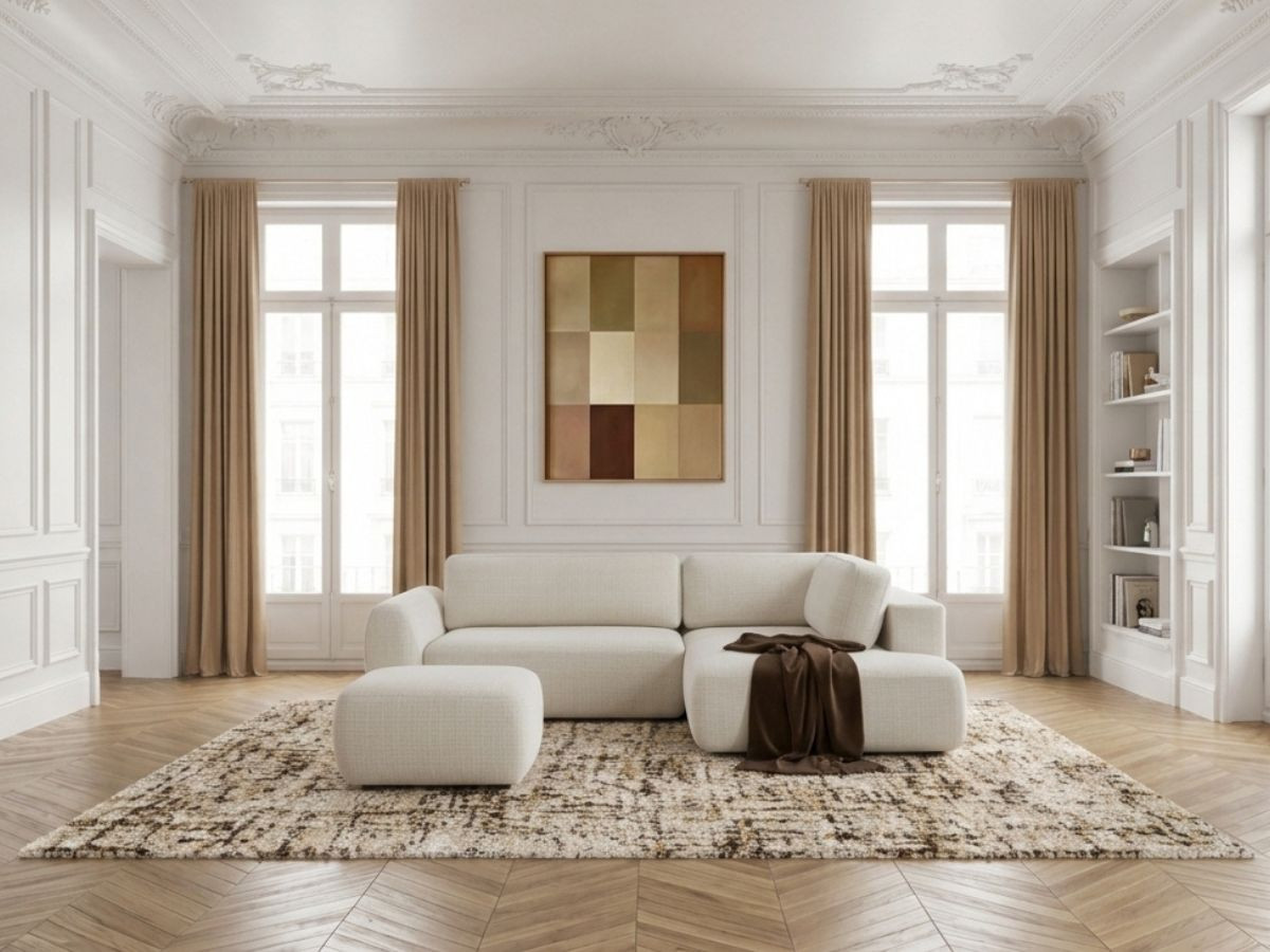 Bobochic Denise Ecksofa mit Schlaffunktion und Bettkasten und Pouf 256 × 197 cm Strukturstoff Weiß Ecke rechts