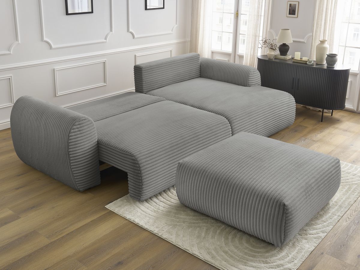 Bobochic Lucien Ecksofa mit Schlaffunktion und Bettkasten und Pouf 314 × 167 cm Breitcord weich Dunkelgrau Ecke rechts