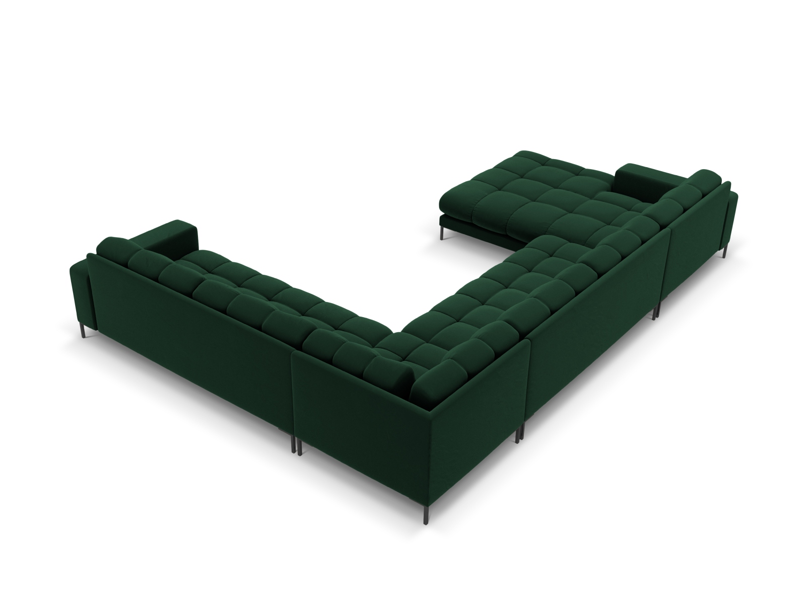 Cosmopolitan Design Panoramasofa Bali 7-Sitzer 327 cm Samt Bluvel Flaschengrün Rechts Beine Schwarzes Metall